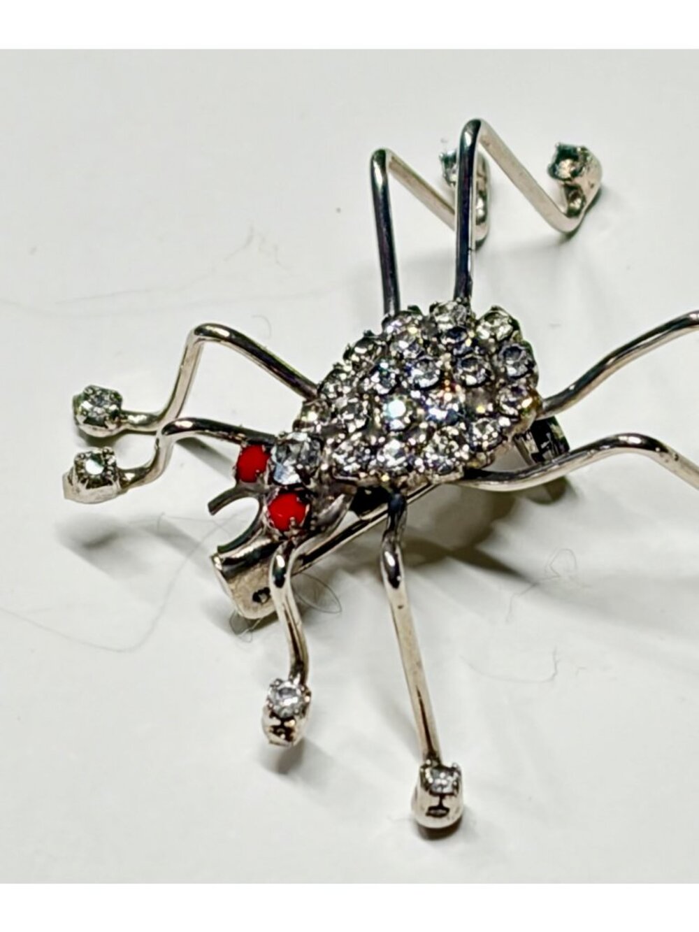 Spider Brooch Silver Tone Clear Rhinestones Red Eyes Gothic 1.5 x 1.75 Inch
